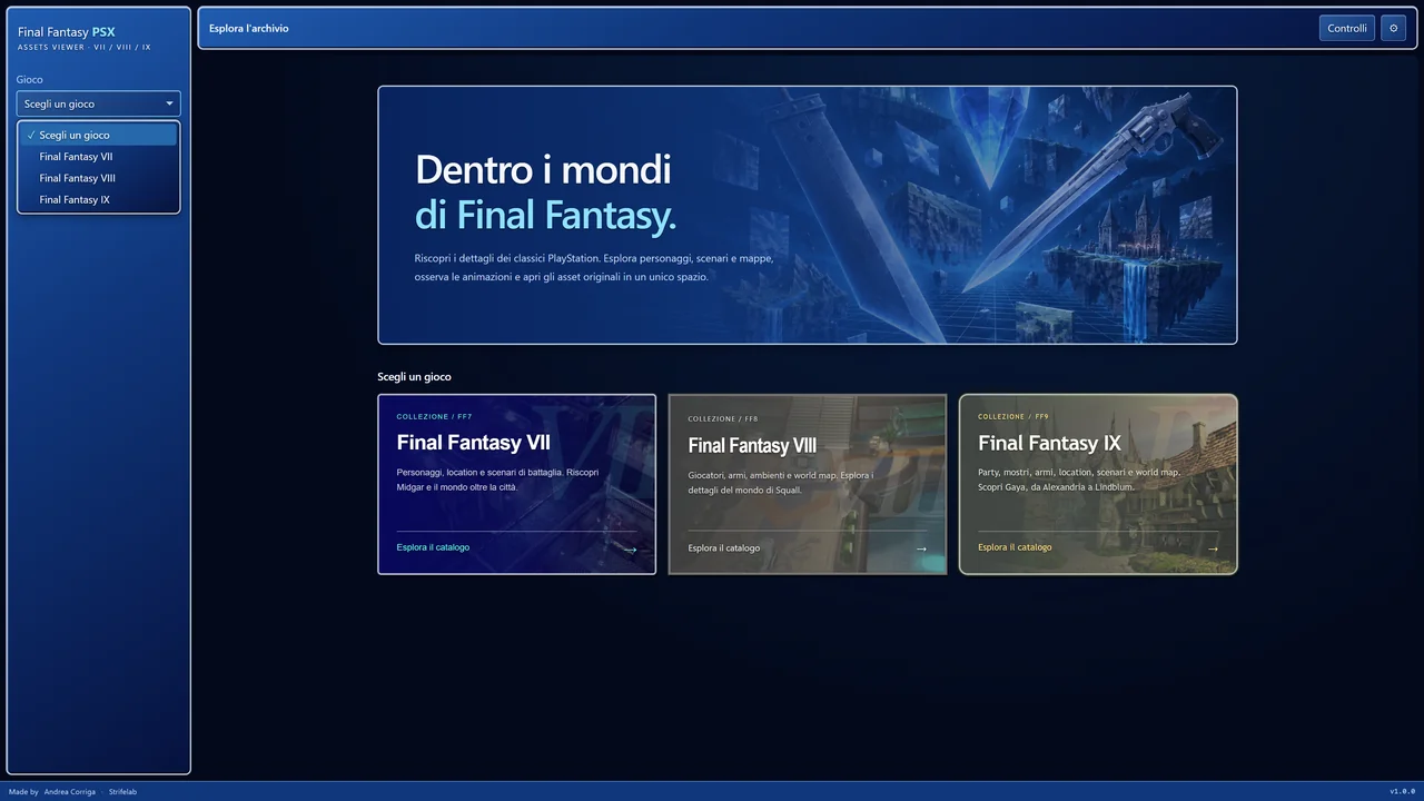 Final Fantasy PSX Asset Viewer home with Final Fantasy VII, VIII and IX