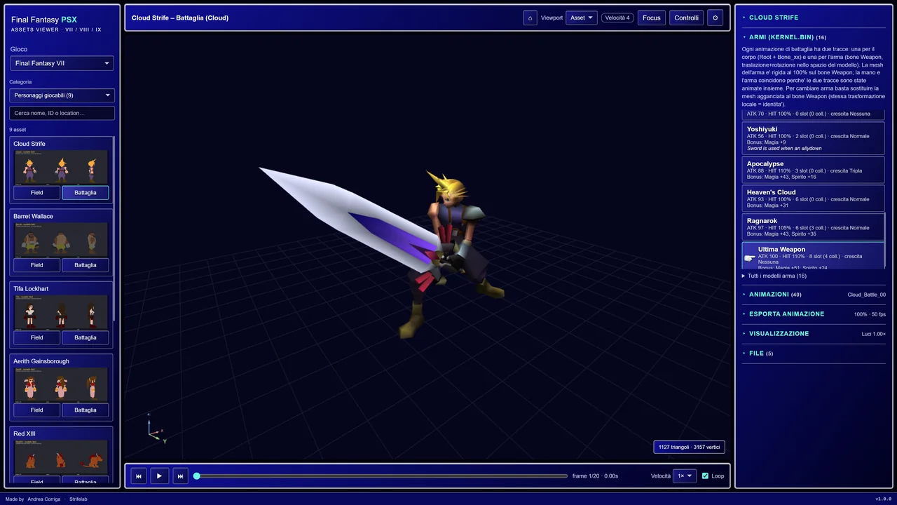 Cloud Strife battle model with the Buster Sword and animation controls