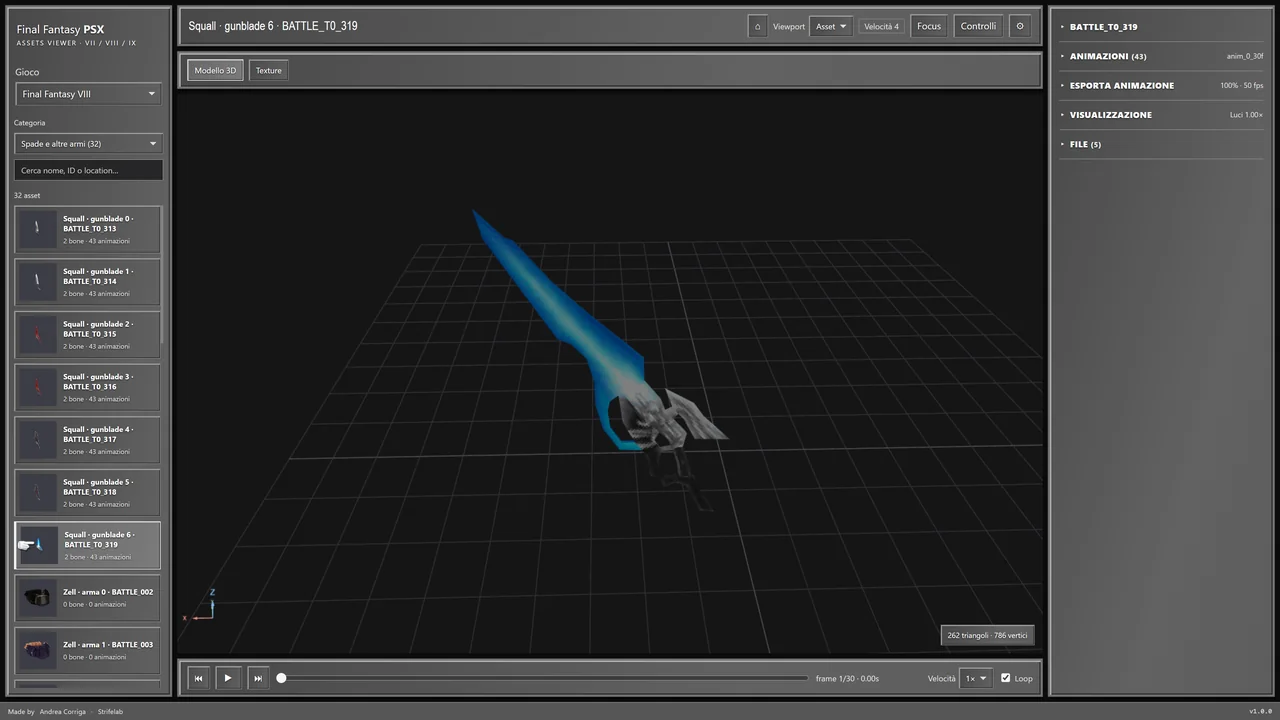 Squall's gunblade 3D model from Final Fantasy VIII with animation controls
